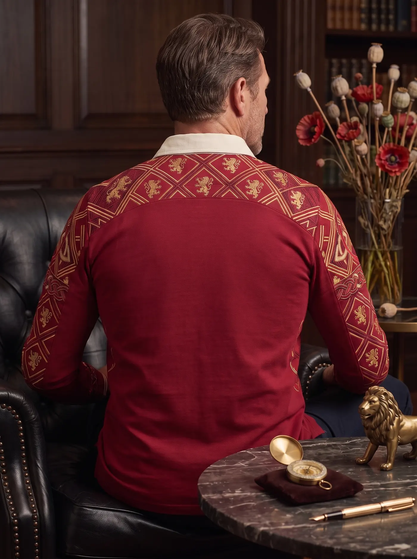 The Heritage Rugby, worn in a wood-panelled study